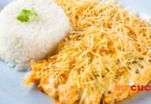 Receita de Fricassé de Frango Imagem de um prato de fricassé de frango, destacando a textura cremosa e os suculentos pedaços de frango cozido.